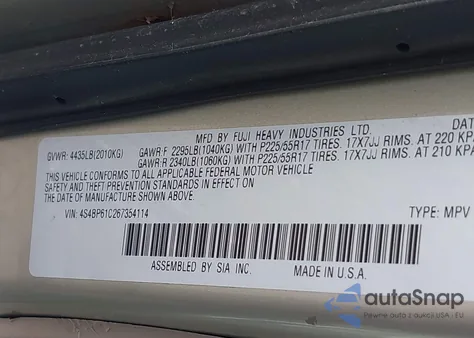 2006 Subaru Outback 2.5I z USA, uszkodzony, nr VIN 4S4BP61C267354114